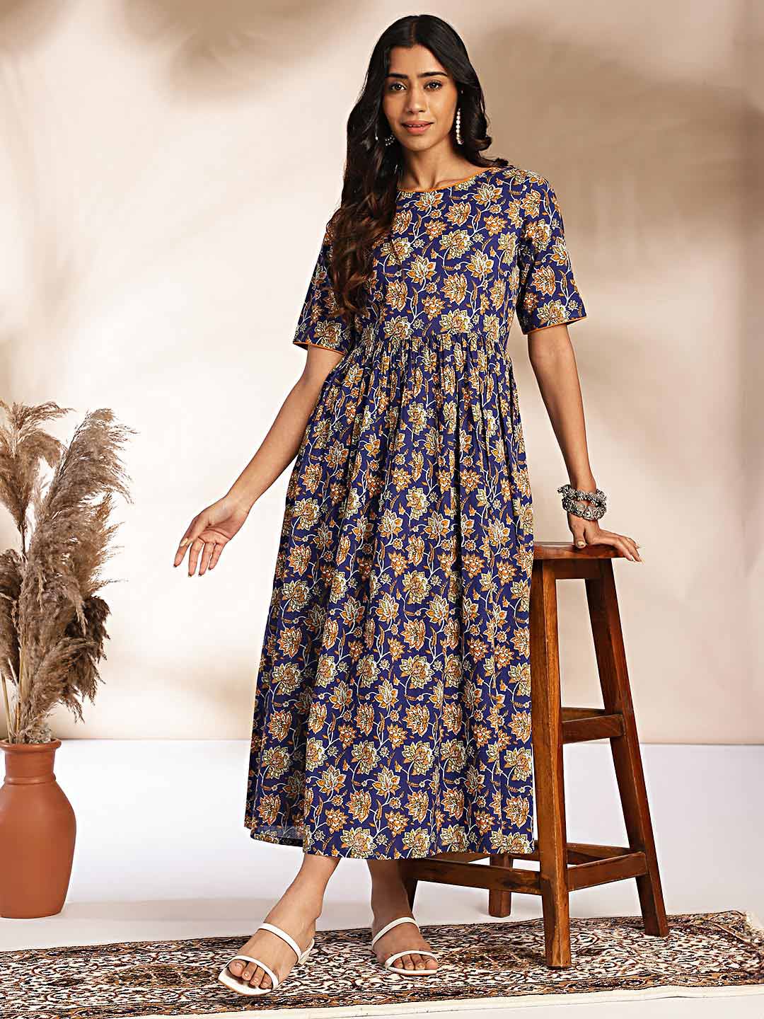 Dark Blue Cotton Floral Printed Gathered Maxi Dress  - By Janasya