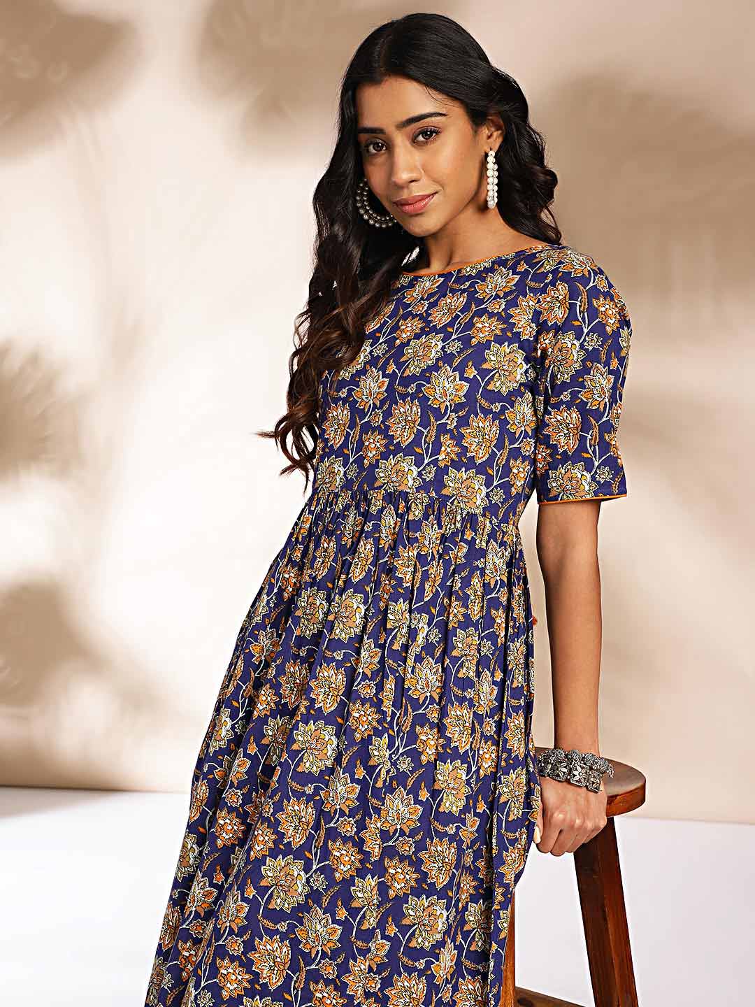 Dark Blue Cotton Floral Printed Gathered Maxi Dress  - By Janasya