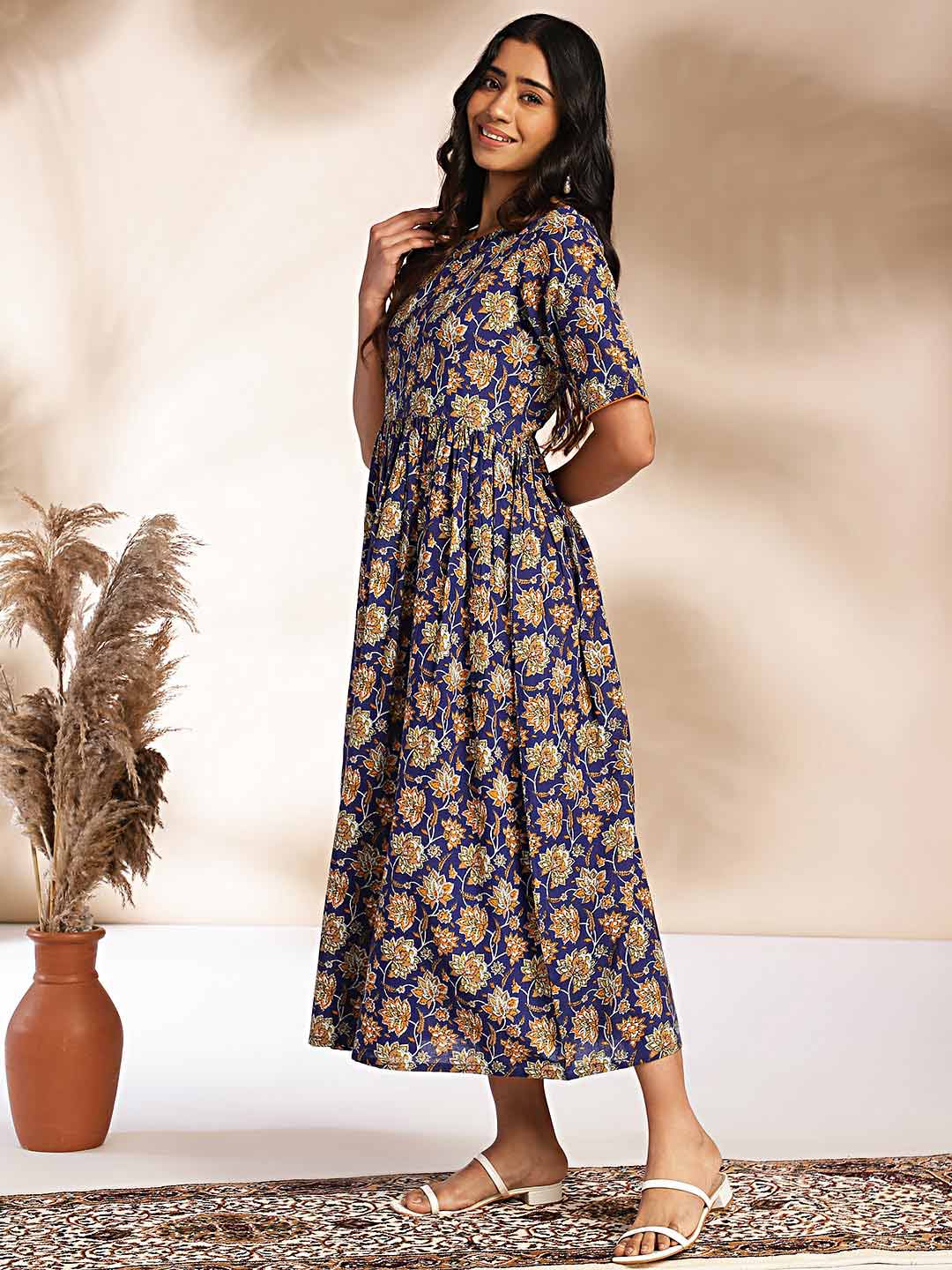 Dark Blue Cotton Floral Printed Gathered Maxi Dress  - By Janasya