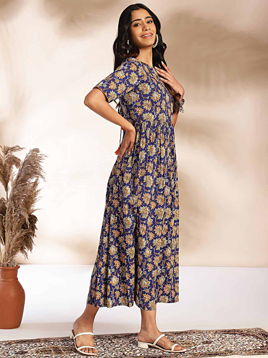 Dark Blue Cotton Floral Printed Gathered Maxi Dress  - By Janasya