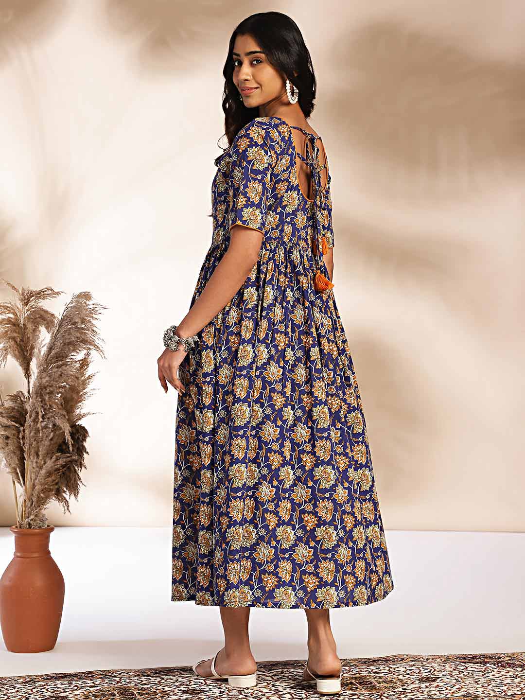 Dark Blue Cotton Floral Printed Gathered Maxi Dress  - By Janasya