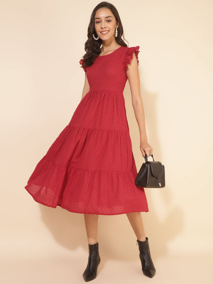 Red Cotton Dobby Solid Tiered Western Dress  - By Janasya