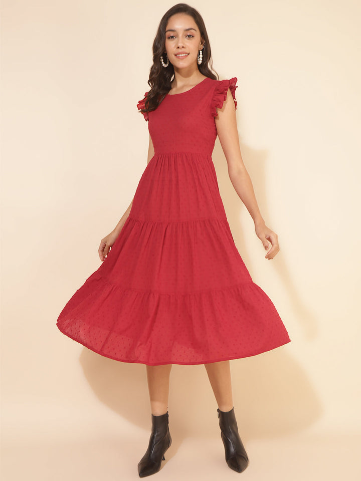 Red Cotton Dobby Solid Tiered Western Dress  - By Janasya