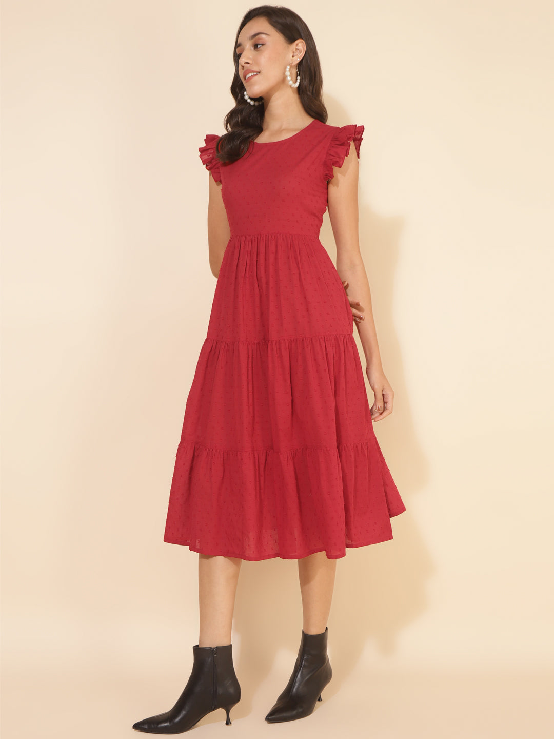 Red Cotton Dobby Solid Tiered Western Dress  - By Janasya