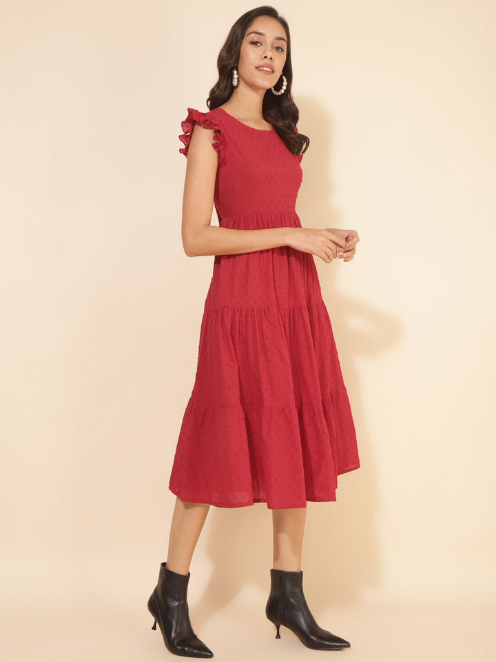 Red Cotton Dobby Solid Tiered Western Dress  - By Janasya