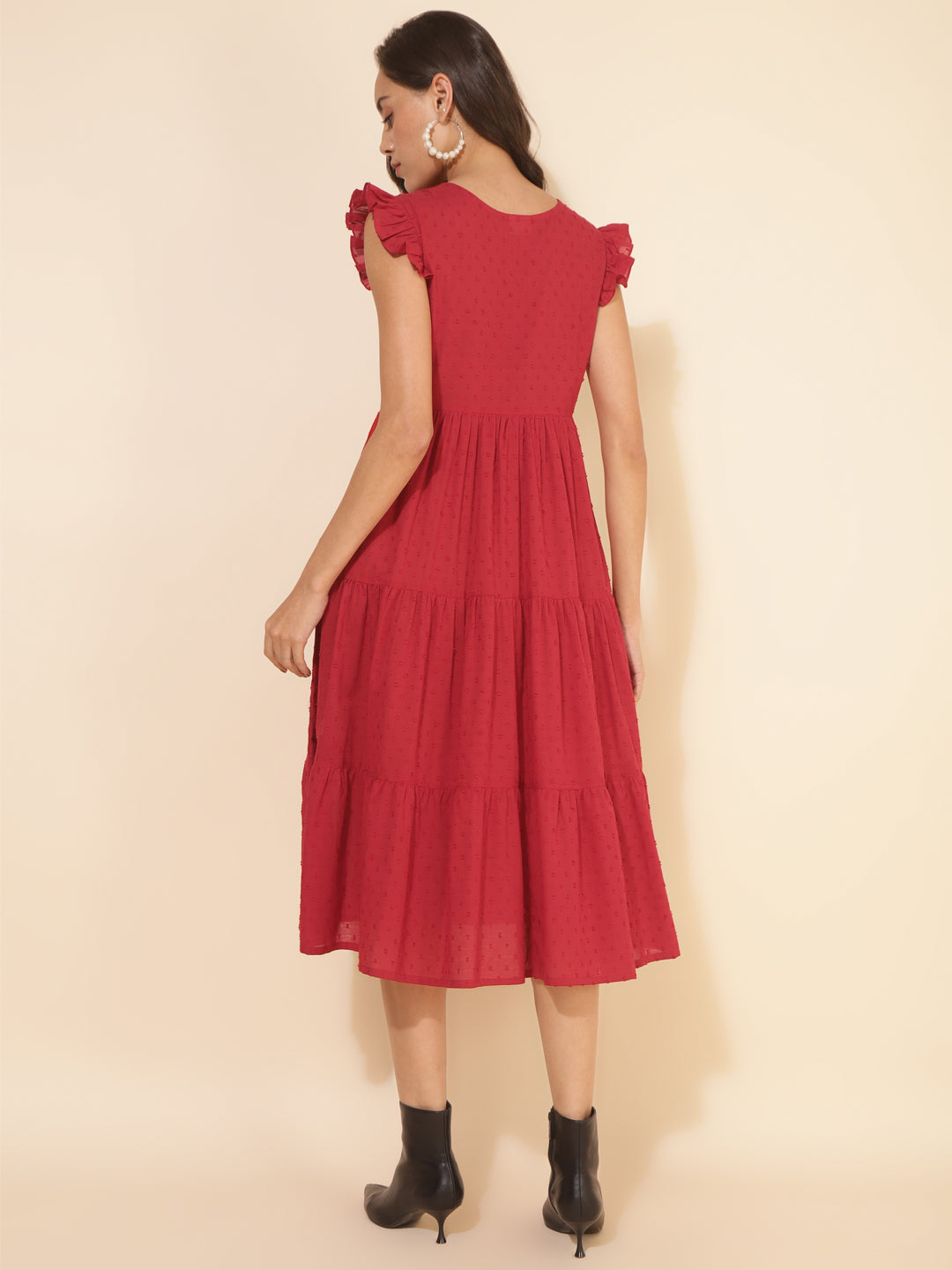 Red Cotton Dobby Solid Tiered Western Dress  - By Janasya