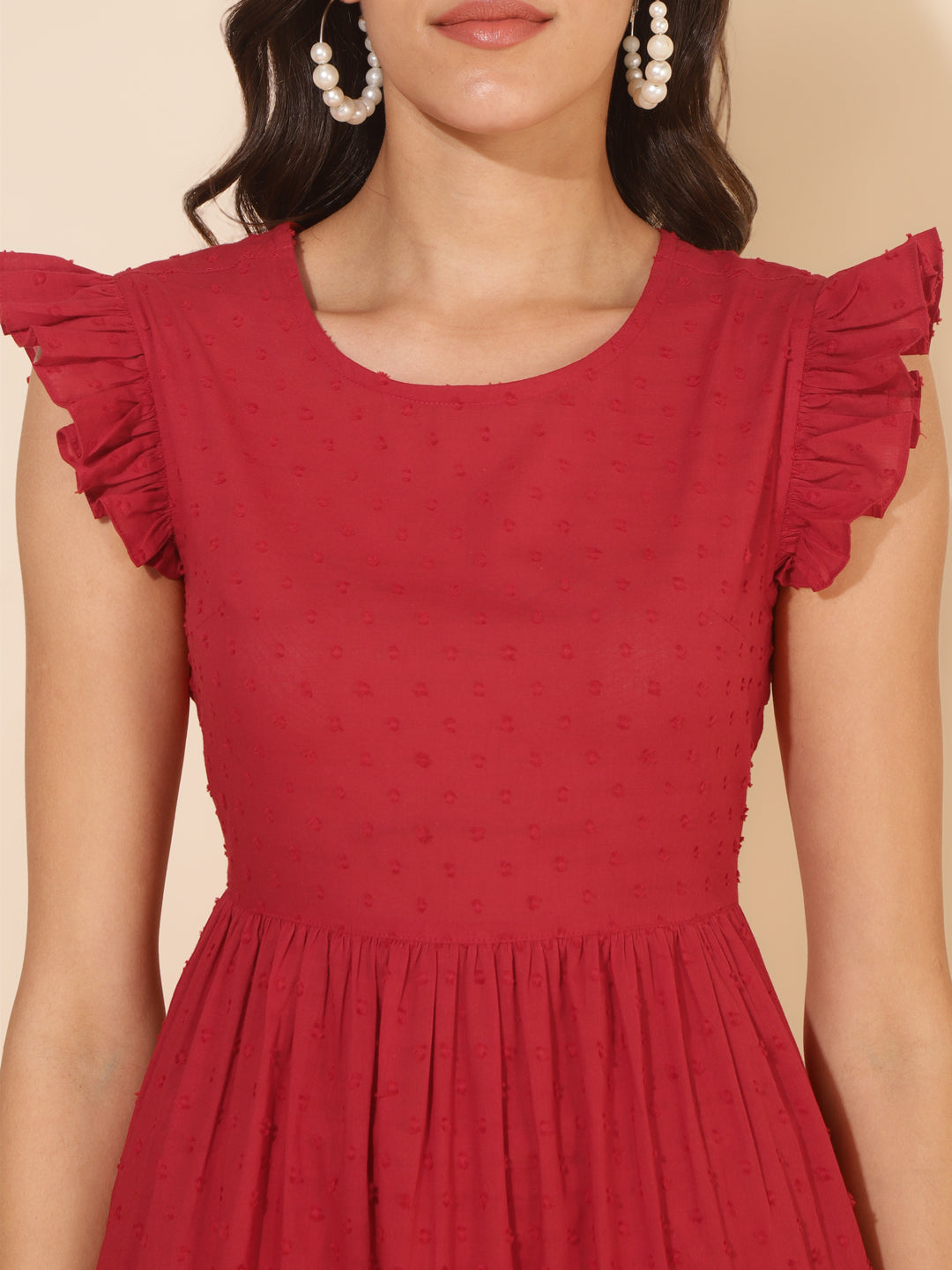 Red Cotton Dobby Solid Tiered Western Dress  - By Janasya