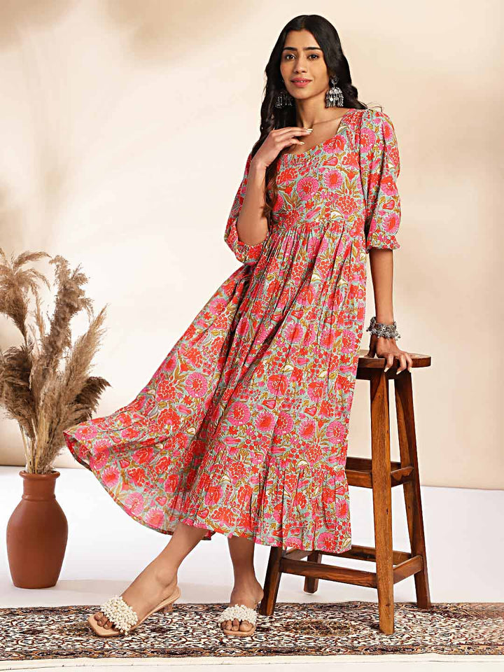 Multicolor Cotton Floral Printed Flared Dress  - By Janasya