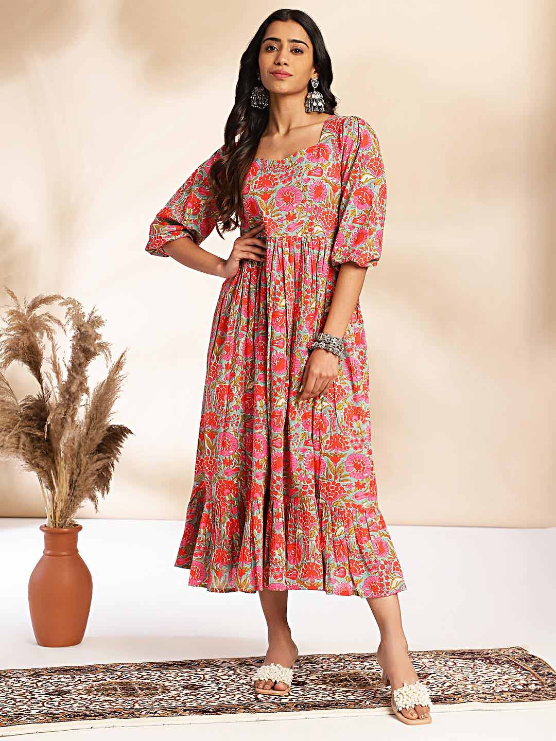 Multicolor Cotton Floral Printed Flared Dress  - By Janasya