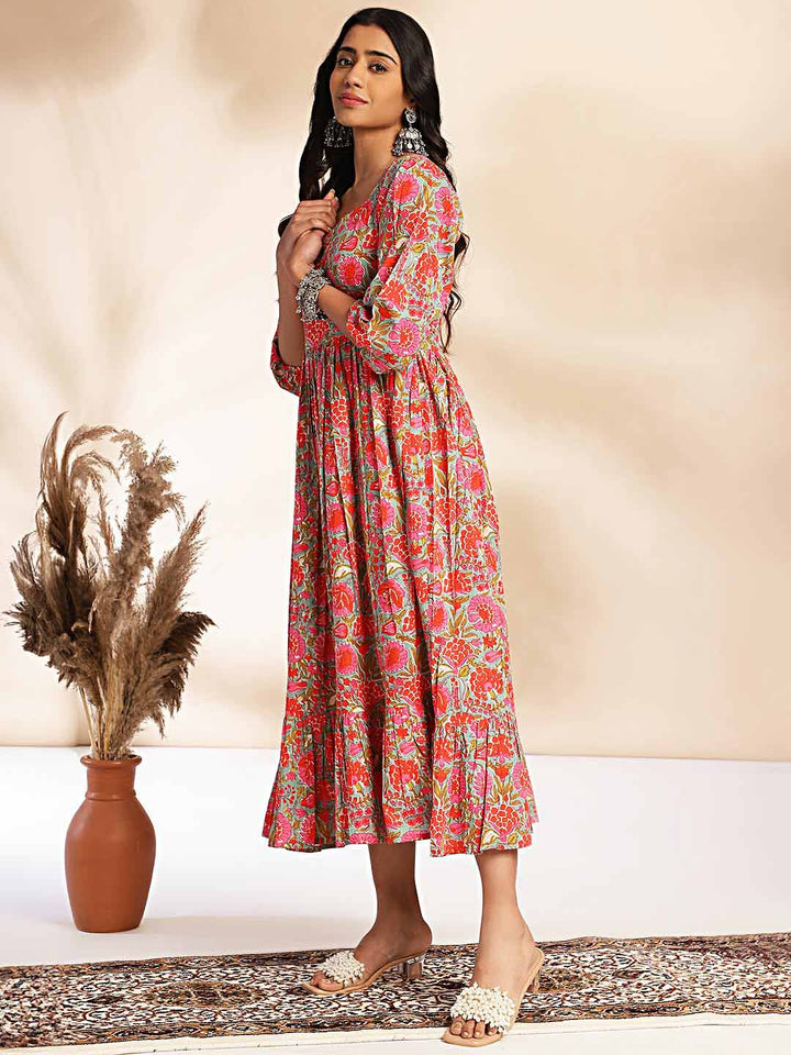 Multicolor Cotton Floral Printed Flared Dress  - By Janasya