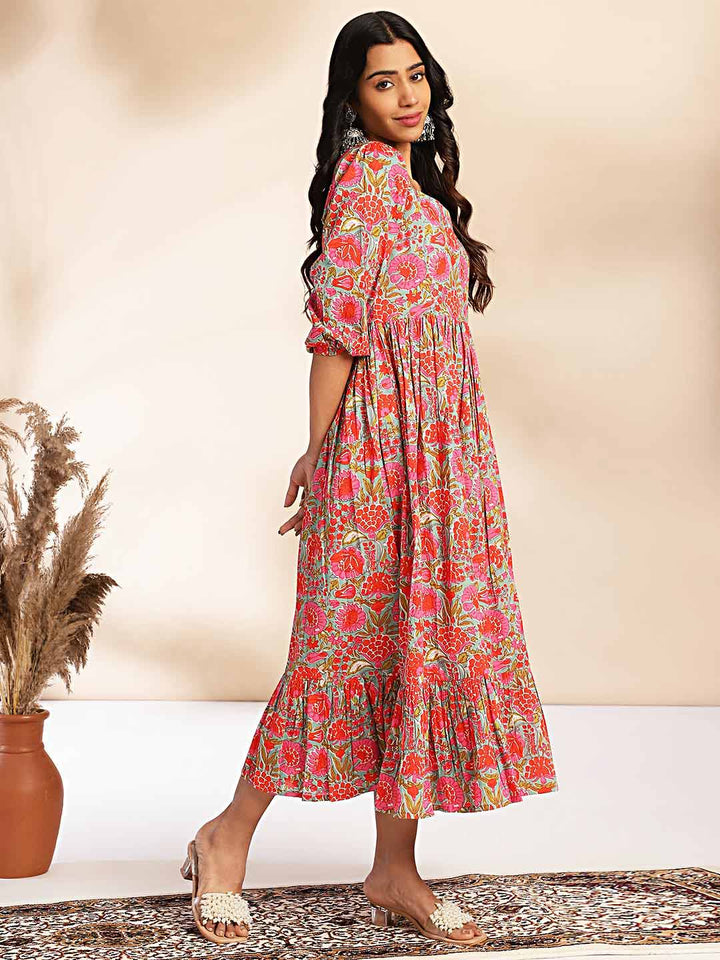 Multicolor Cotton Floral Printed Flared Dress  - By Janasya