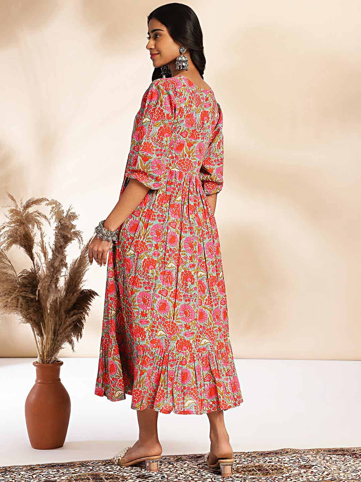 Multicolor Cotton Floral Printed Flared Dress  - By Janasya