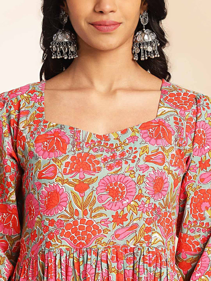 Multicolor Cotton Floral Printed Flared Dress  - By Janasya