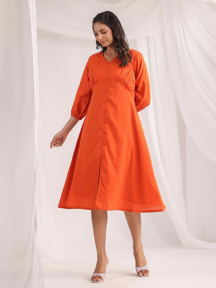 Orange Dobby Cotton Woven Design A-Line Dress  - By Janasya