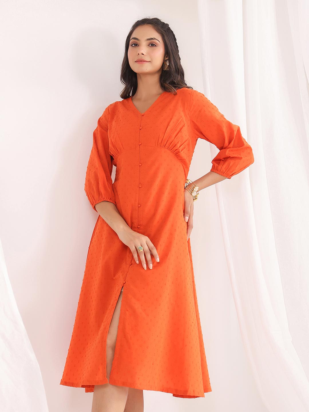 Orange Dobby Cotton Woven Design A-Line Dress  - By Janasya