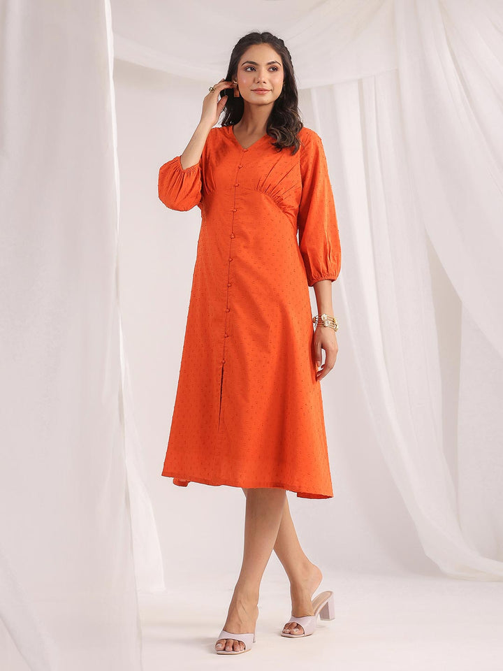 Orange Dobby Cotton Woven Design A-Line Dress  - By Janasya