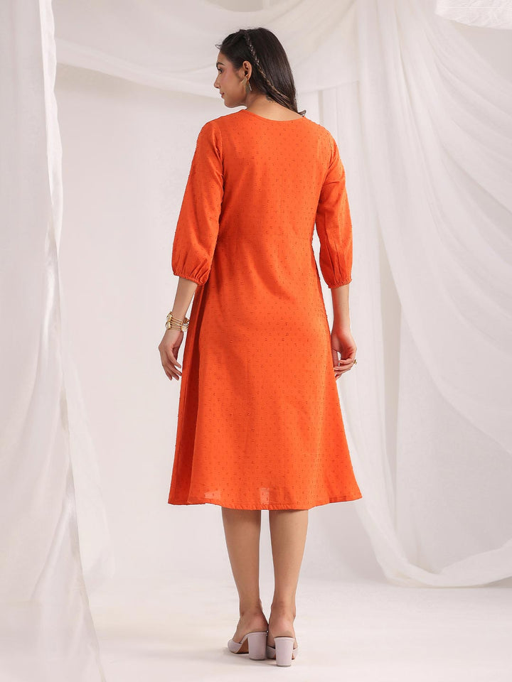 Orange Dobby Cotton Woven Design A-Line Dress  - By Janasya