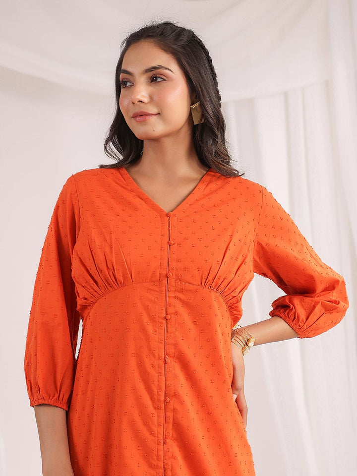 Orange Dobby Cotton Woven Design A-Line Dress  - By Janasya