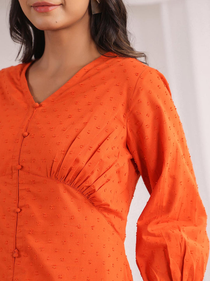 Orange Dobby Cotton Woven Design A-Line Dress  - By Janasya