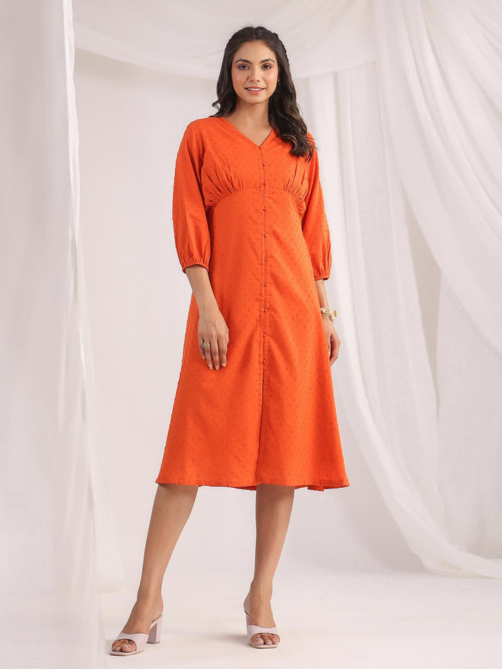 Orange Dobby Cotton Woven Design A-Line Dress  - By Janasya