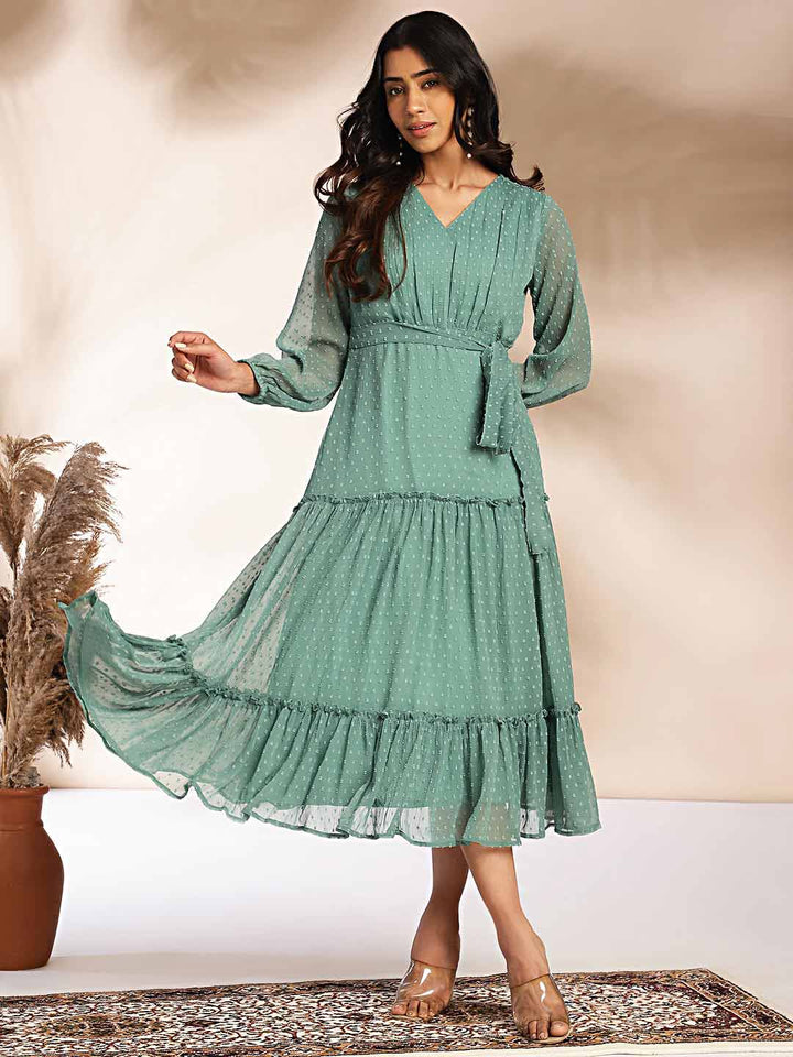 Sage Dobby Chiffon Solid Tiered Dress  - By Janasya