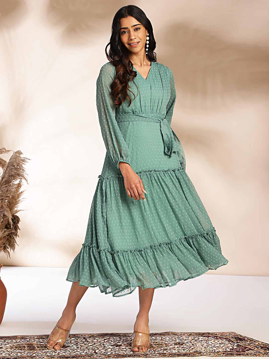 Sage Dobby Chiffon Solid Tiered Dress  - By Janasya