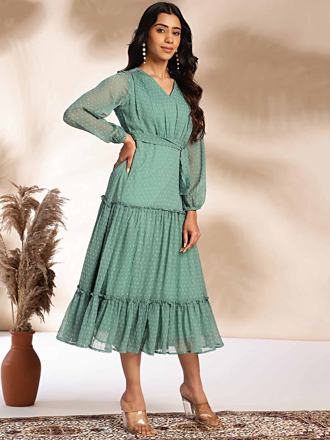 Sage Dobby Chiffon Solid Tiered Dress  - By Janasya