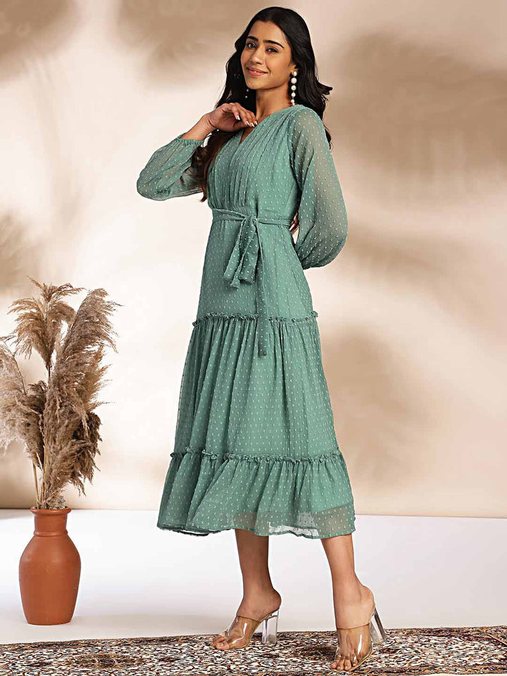 Sage Dobby Chiffon Solid Tiered Dress  - By Janasya