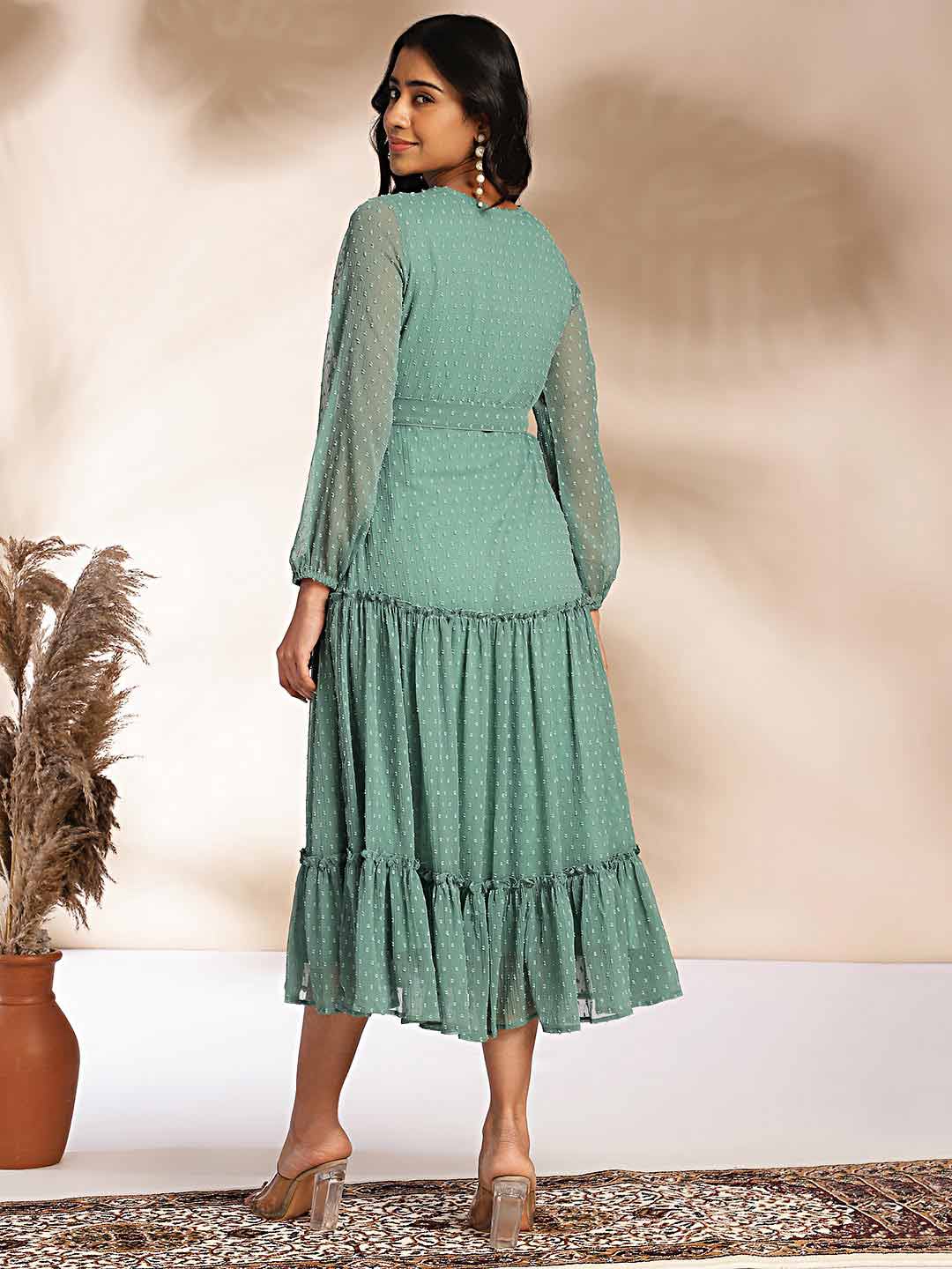 Sage Dobby Chiffon Solid Tiered Dress  - By Janasya