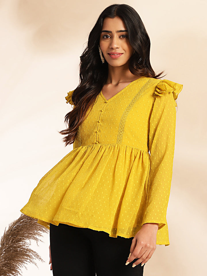 Mustard Dobby Chiffon Peplum Top  - By Janasya