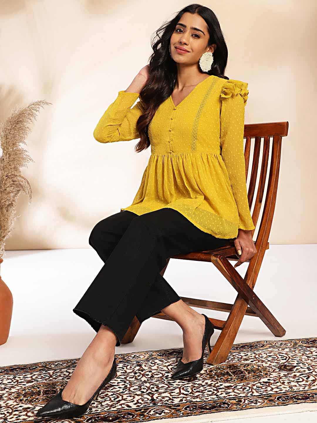 Mustard Dobby Chiffon Peplum Top  - By Janasya