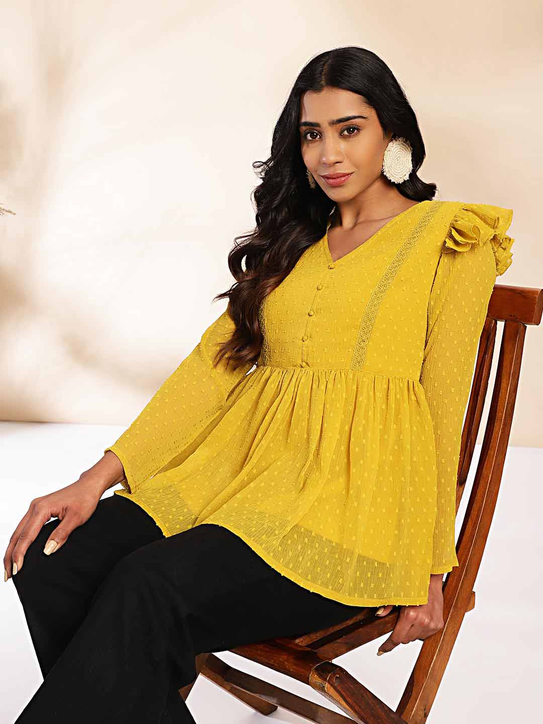 Mustard Dobby Chiffon Peplum Top  - By Janasya