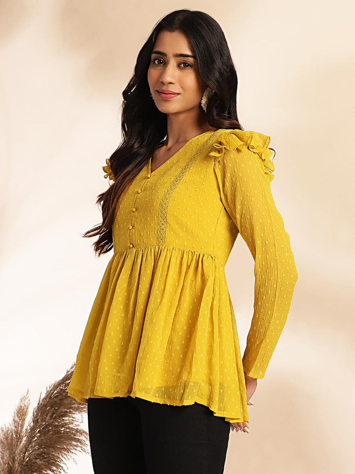 Mustard Dobby Chiffon Peplum Top  - By Janasya