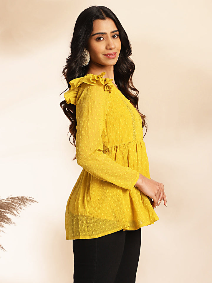 Mustard Dobby Chiffon Peplum Top  - By Janasya