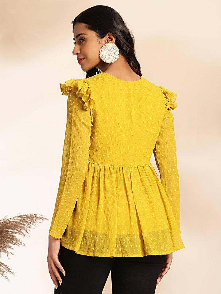 Mustard Dobby Chiffon Peplum Top  - By Janasya