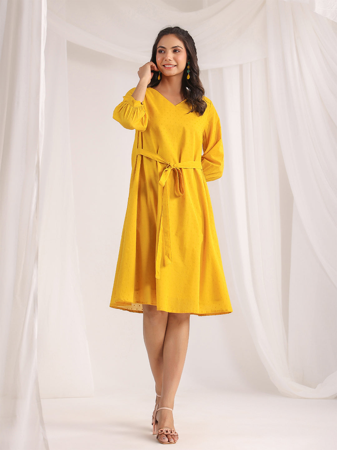 Yellow Dobby Cotton Self Design A-Line Dress  - By Janasya