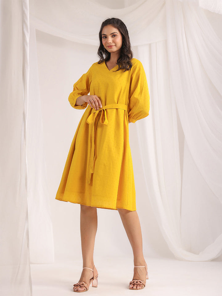 Yellow Dobby Cotton Self Design A-Line Dress  - By Janasya