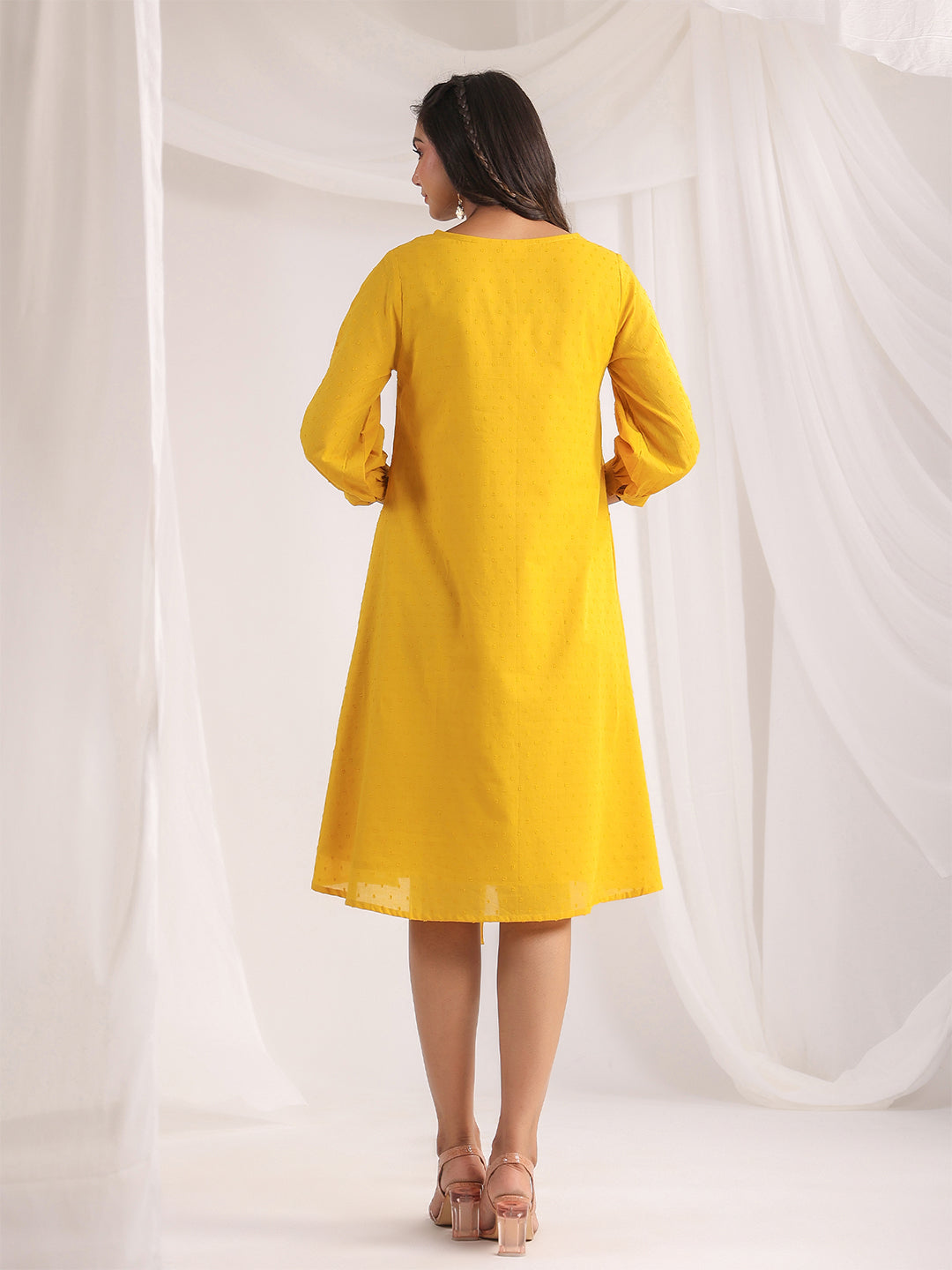 Yellow Dobby Cotton Self Design A-Line Dress  - By Janasya