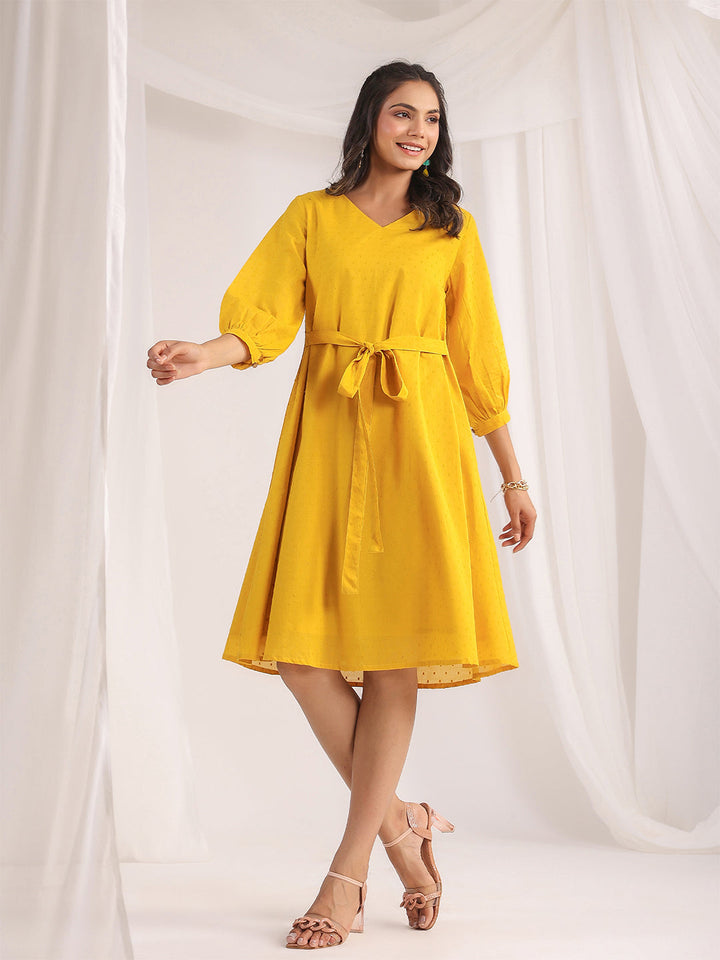 Yellow Dobby Cotton Self Design A-Line Dress  - By Janasya