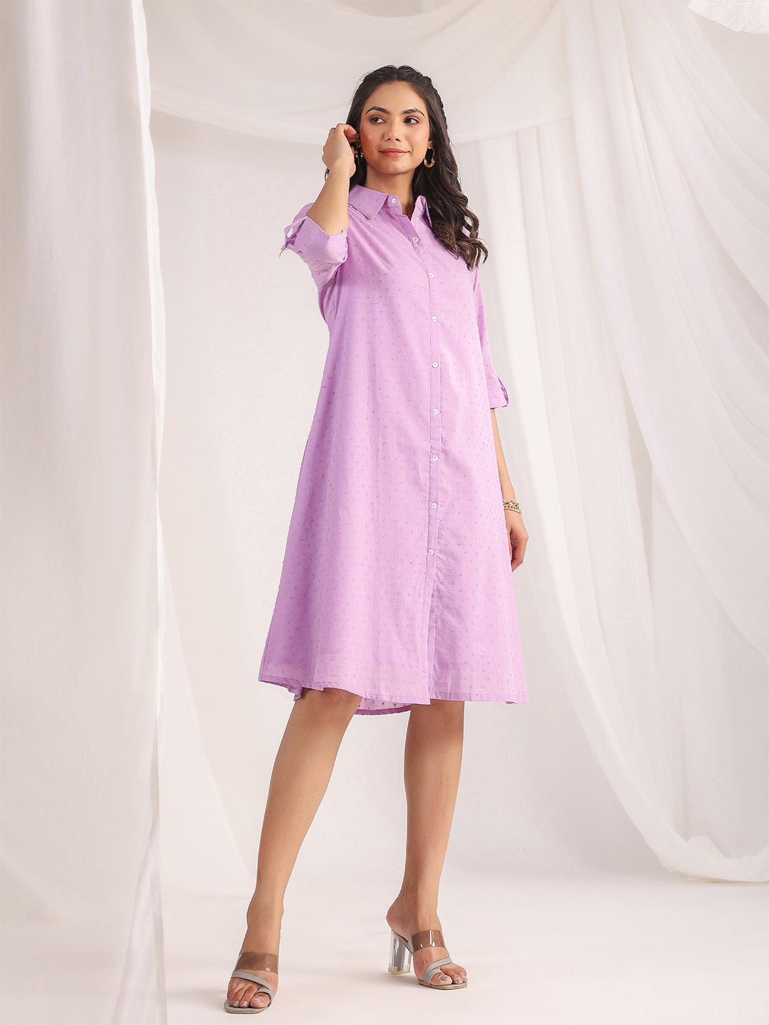 Lavender Dobby Cotton Woven Design A-Line Dress  - By Janasya