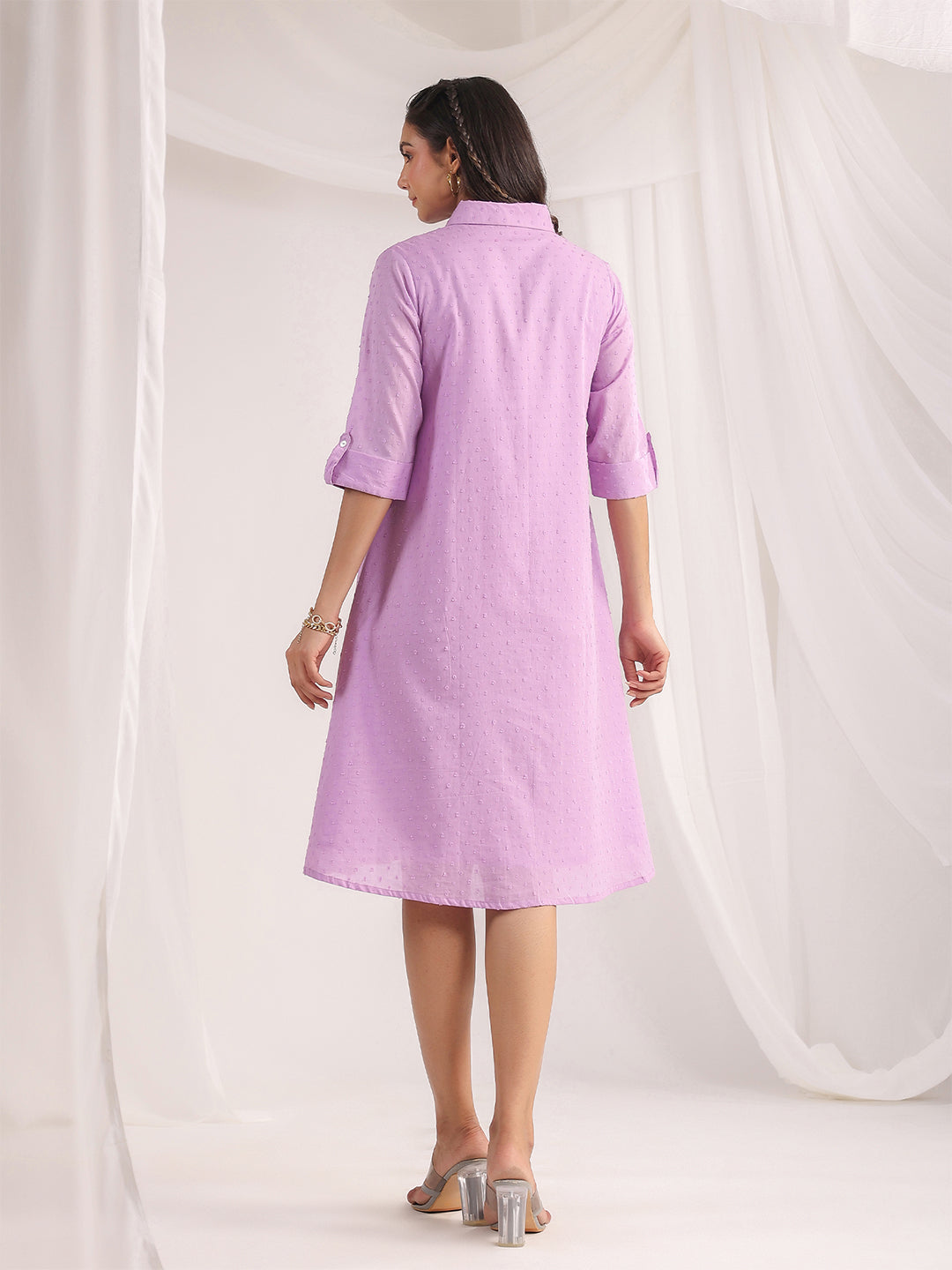 Lavender Dobby Cotton Woven Design A-Line Dress  - By Janasya