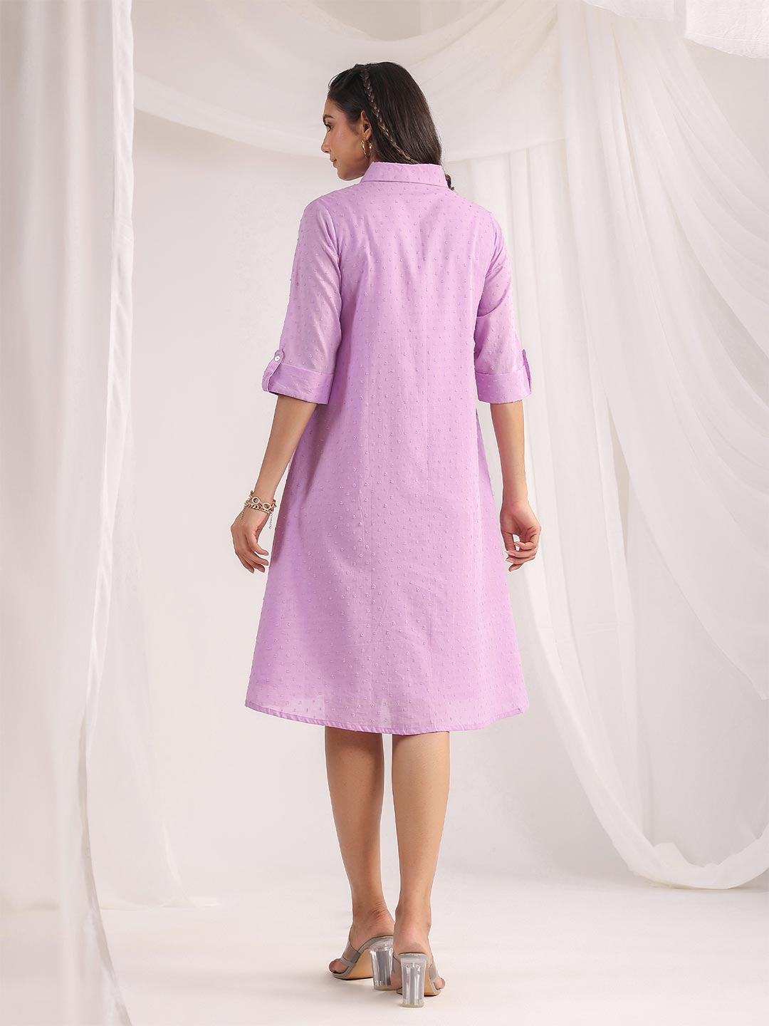 Lavender Dobby Cotton Woven Design A-Line Dress  - By Janasya