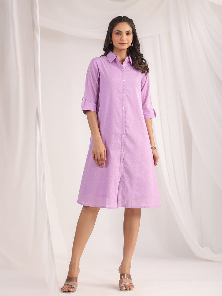 Lavender Dobby Cotton Woven Design A-Line Dress  - By Janasya