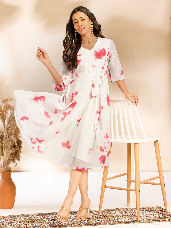 Off White Dobby Georgette Tie & Dye Fit & Flare Dress  - By Janasya