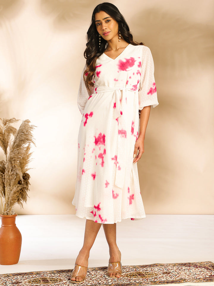 Off White Dobby Georgette Tie & Dye Fit & Flare Dress  - By Janasya