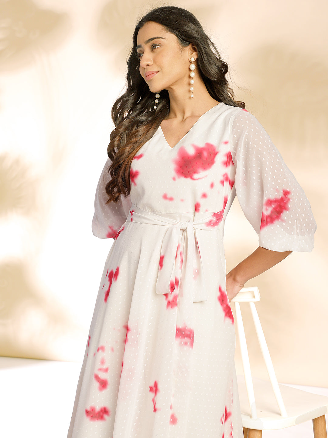 Off White Dobby Georgette Tie & Dye Fit & Flare Dress  - By Janasya