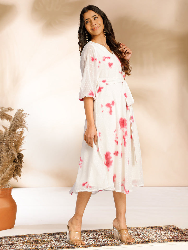 Off White Dobby Georgette Tie & Dye Fit & Flare Dress  - By Janasya