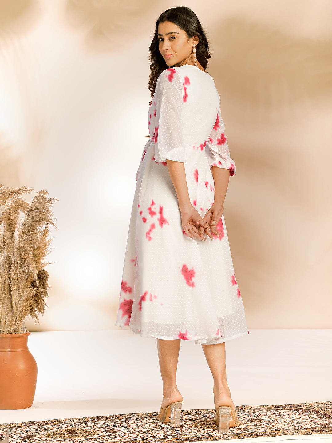 Off White Dobby Georgette Tie & Dye Fit & Flare Dress  - By Janasya