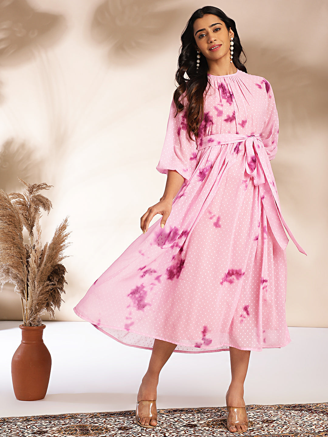 Pink Dobby Georgette Tie-Dye Fit & Flare Dress  - By Janasya