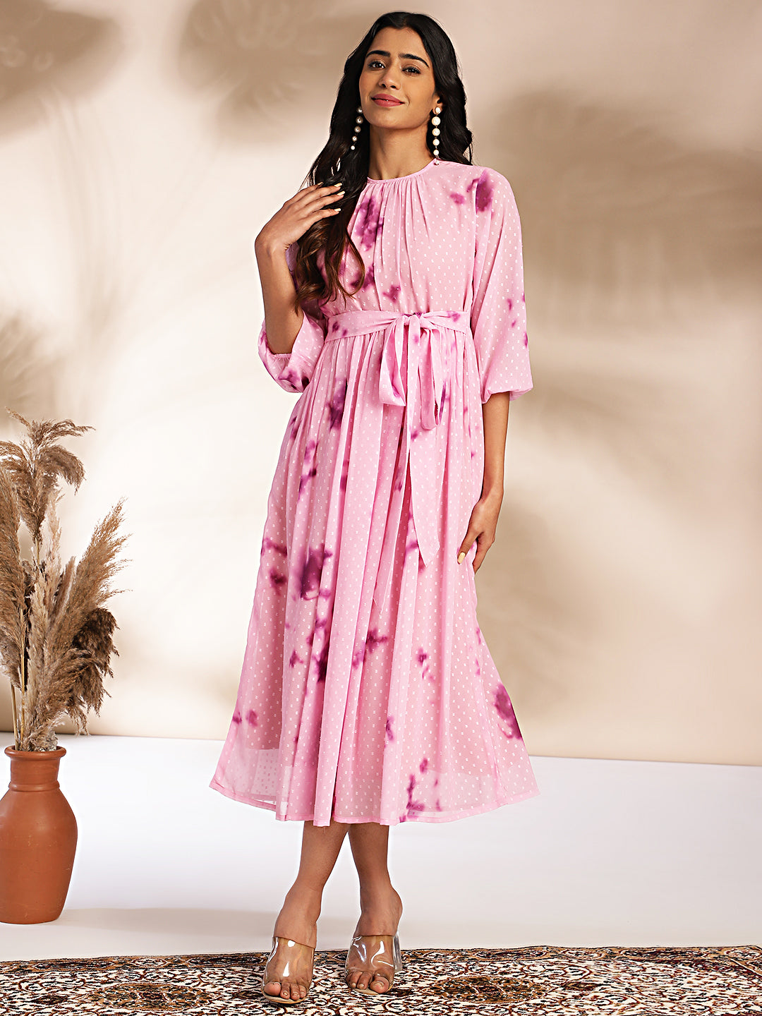 Pink Dobby Georgette Tie-Dye Fit & Flare Dress  - By Janasya